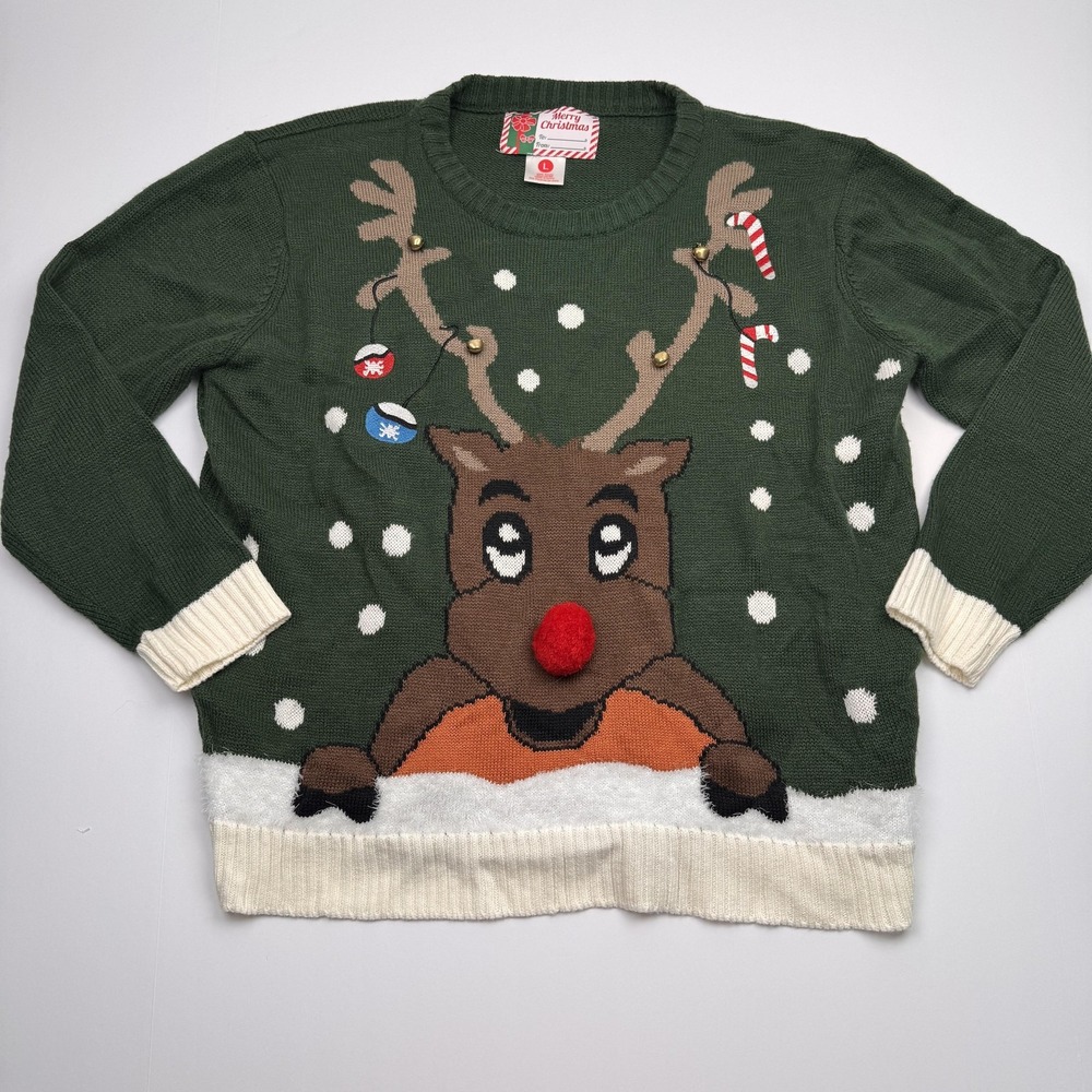 Reindeer Ugly Christmas Sweater Mens Large Green Rudolph Jingle Bells Pom Pom